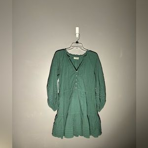 Anthropologie Mini Peasant Dress Green Long Sleeve Button Front Pleated Size S